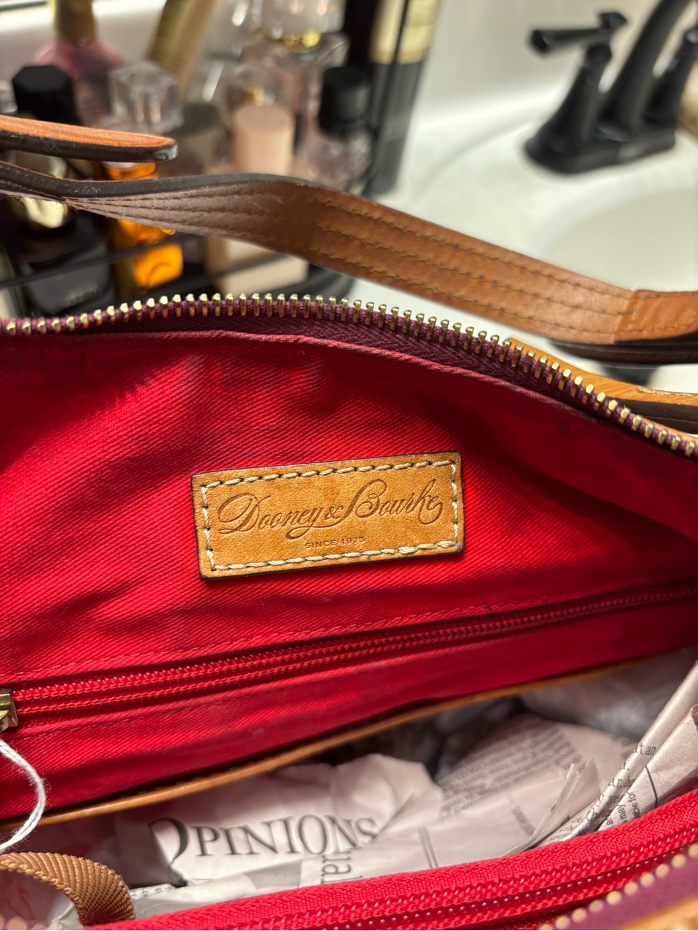 Dooney & Bourke Burgundy Snakeskin-Texture Shoulder Bag with Tan Trim - Picture 3 of 4